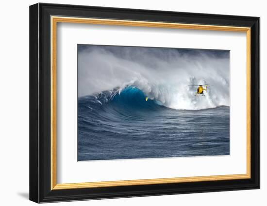 Hawaii Maui. Helicopter Crew Filming Kyle Lenny Surfing Monster Waves at Pe'Ahi Jaws-Janis Miglavs-Framed Photographic Print