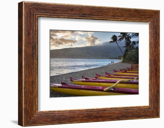 Hawaii, Maui, Kihei. Outrigger canoes on Kalae Pohaku beach and palm trees.-Janis Miglavs-Framed Photographic Print