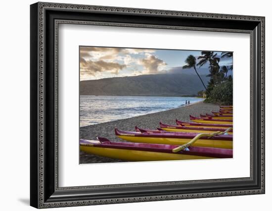 Hawaii, Maui, Kihei. Outrigger canoes on Kalae Pohaku beach and palm trees.-Janis Miglavs-Framed Photographic Print