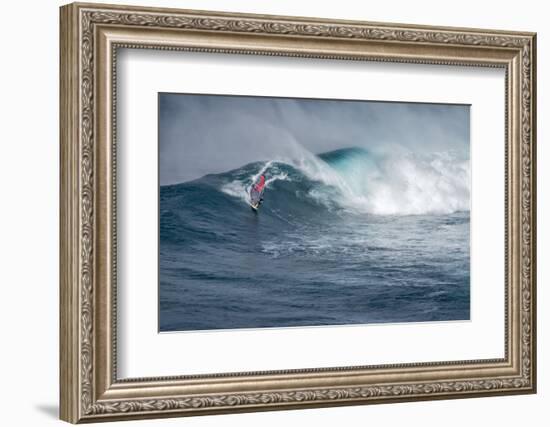 Hawaii, Maui. Lone Figure Windsurfing Monster Waves at Pe'Ahi Jaws, North Shore Maui-Janis Miglavs-Framed Photographic Print