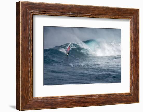 Hawaii, Maui. Lone Figure Windsurfing Monster Waves at Pe'Ahi Jaws, North Shore Maui-Janis Miglavs-Framed Photographic Print