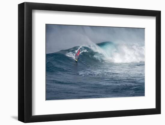 Hawaii, Maui. Lone Figure Windsurfing Monster Waves at Pe'Ahi Jaws, North Shore Maui-Janis Miglavs-Framed Photographic Print