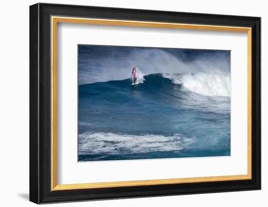 Hawaii, Maui. Robby Naish Windsurfing Monster Waves at Pe'Ahi Jaws, North Shore Maui-Janis Miglavs-Framed Photographic Print