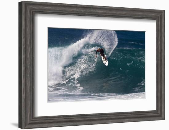 Hawaii, Oahu, Surfers in Action at the Pipeline on the Coast-Terry Eggers-Framed Photographic Print