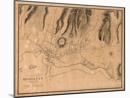 Hawaii - Panoramic Map of Honolulu-Lantern Press-Mounted Art Print