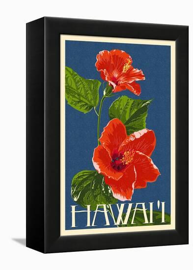 Hawaii - Red Hibiscus Flower-Lantern Press-Framed Stretched Canvas