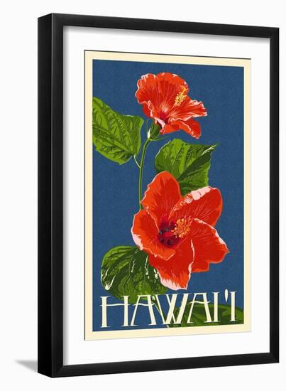 Hawaii - Red Hibiscus Flower-Lantern Press-Framed Art Print