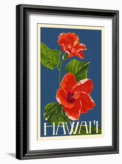 Hawaii - Red Hibiscus Flower-Lantern Press-Framed Art Print