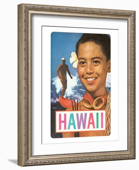 Hawaii, Surfer and Diving Boy-null-Framed Art Print