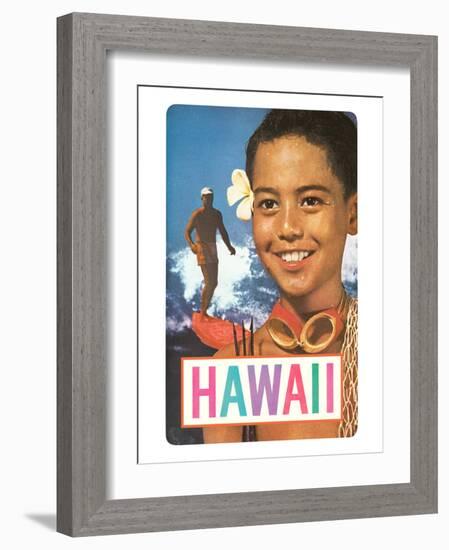 Hawaii, Surfer and Diving Boy-null-Framed Art Print