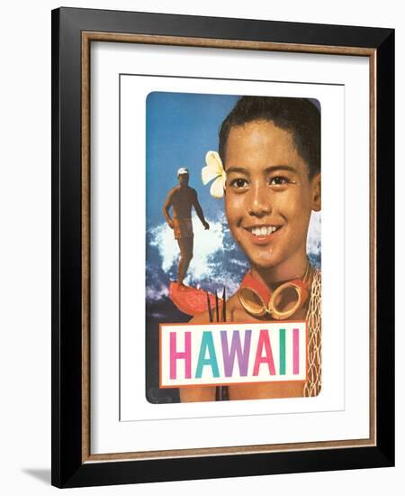 Hawaii, Surfer and Diving Boy-null-Framed Art Print