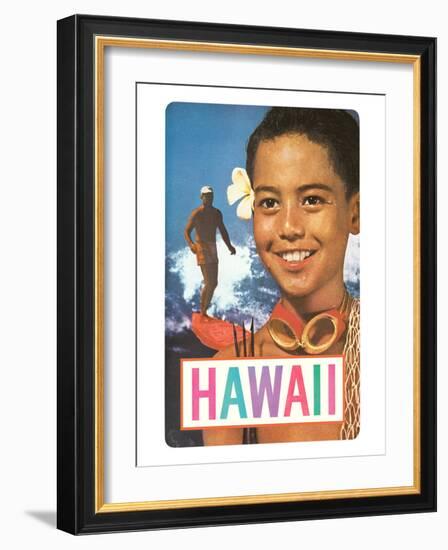 Hawaii, Surfer and Diving Boy-null-Framed Art Print