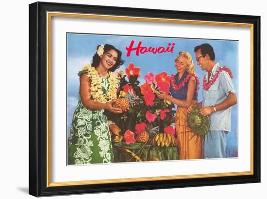 Hawaii, Tourist Couple, Fruit, Hawaiian Lady-null-Framed Art Print