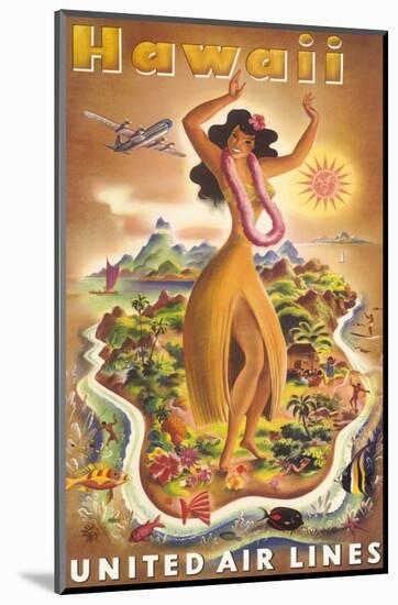 Hawaii, United Air Lines, Hula Dancer-null-Mounted Art Print