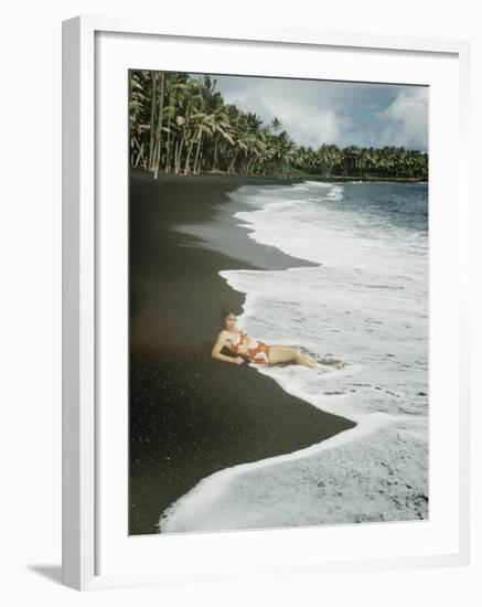 Hawaiian Airline Stewardes on Black Sand Beach, Kalapana, Hawaii-Ralph Crane-Framed Photographic Print