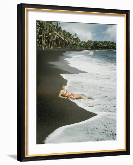 Hawaiian Airline Stewardes on Black Sand Beach, Kalapana, Hawaii-Ralph Crane-Framed Photographic Print