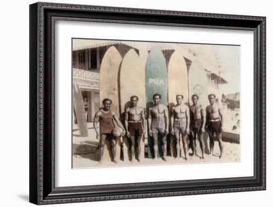 Hawaiian Duke Kahanamoku and his Brothers with Surfboards at Waikiki Beach, Hawaii-Tai Sing Loo-Framed Art Print