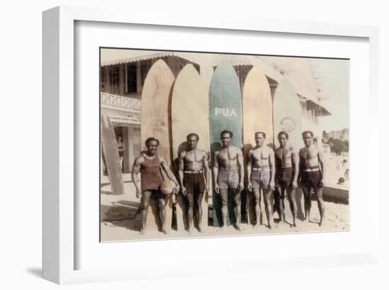 Hawaiian Duke Kahanamoku and his Brothers with Surfboards at Waikiki Beach, Hawaii-Tai Sing Loo-Framed Art Print