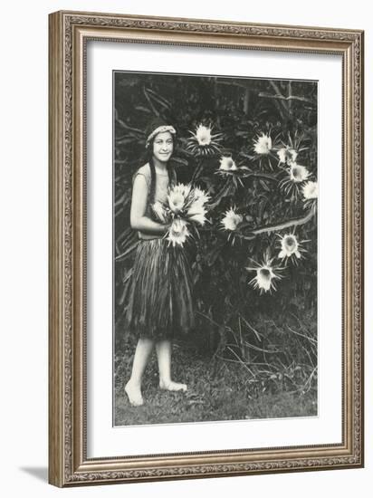 Hawaiian Girl with Large Epiphyllum Flowers-null-Framed Art Print