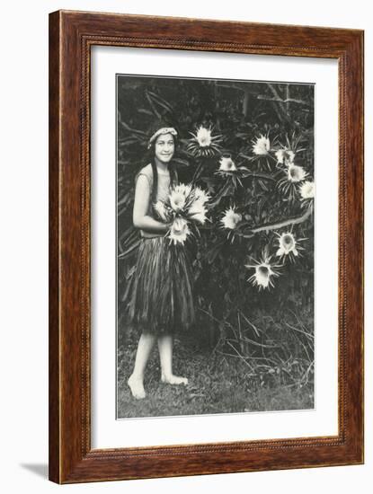 Hawaiian Girl with Large Epiphyllum Flowers-null-Framed Art Print