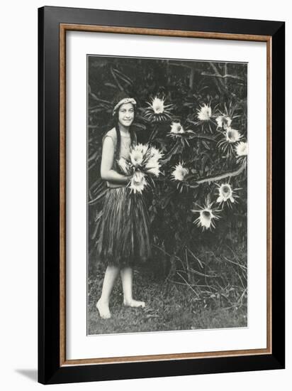 Hawaiian Girl with Large Epiphyllum Flowers-null-Framed Art Print