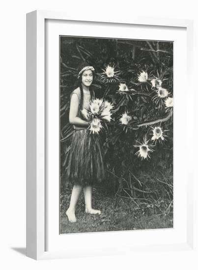 Hawaiian Girl with Large Epiphyllum Flowers-null-Framed Art Print