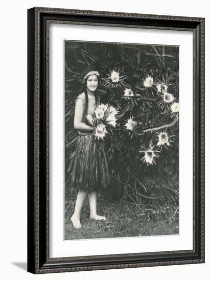 Hawaiian Girl with Large Epiphyllum Flowers-null-Framed Art Print