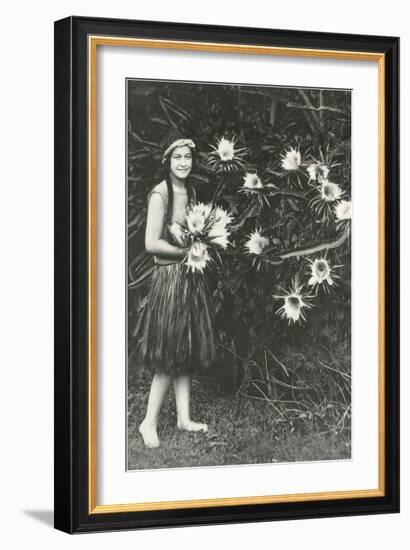 Hawaiian Girl with Large Epiphyllum Flowers-null-Framed Art Print