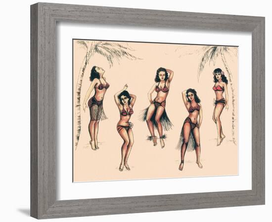 Hawaiian Hula Ladies Vintage Mid-Century Tattoo Flash-null-Framed Art Print