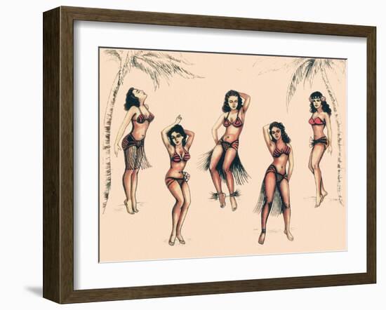 Hawaiian Hula Ladies Vintage Mid-Century Tattoo Flash-null-Framed Art Print