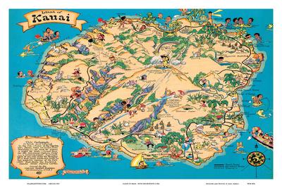 Kauai Map Of Attractions Hawaiian Island Of Kauai Map - Hawaii Tourist Bureau' Art Print - Ruth  Taylor White | Art.com