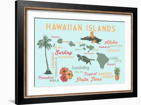 Hawaiian Islands (Version 2) - Typography and Icons-Lantern Press-Framed Art Print