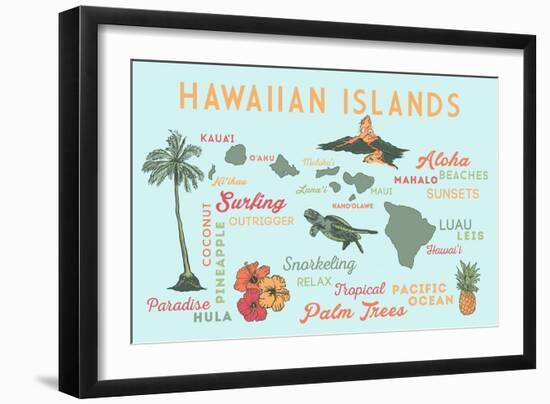 Hawaiian Islands (Version 2) - Typography and Icons-Lantern Press-Framed Art Print