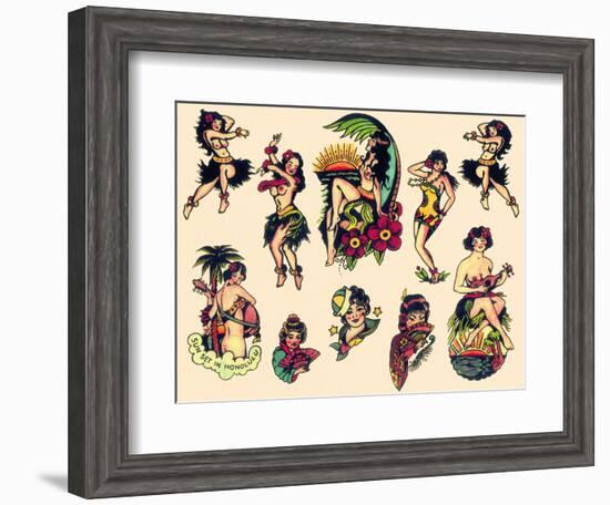 "Hawaiian Ladies" Vintage Sailor Tatooo Flash-Piddix-Framed Art Print