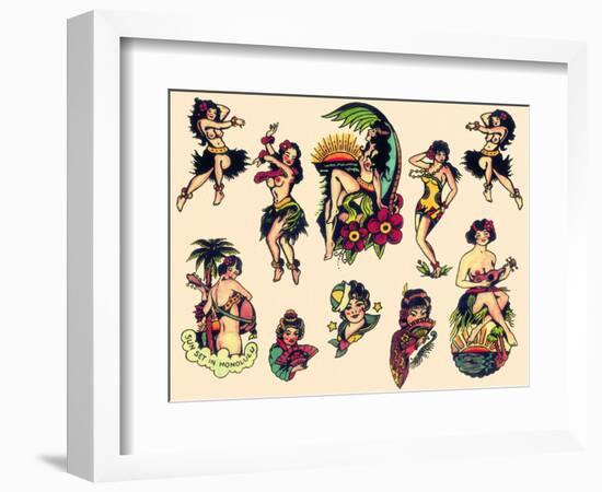 "Hawaiian Ladies" Vintage Sailor Tatooo Flash-Piddix-Framed Art Print
