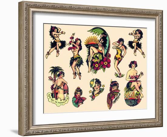 "Hawaiian Ladies" Vintage Sailor Tatooo Flash-Piddix-Framed Art Print