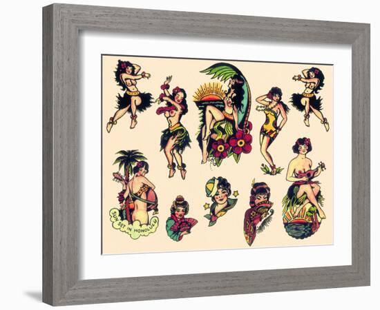 "Hawaiian Ladies" Vintage Sailor Tatooo Flash-Piddix-Framed Art Print