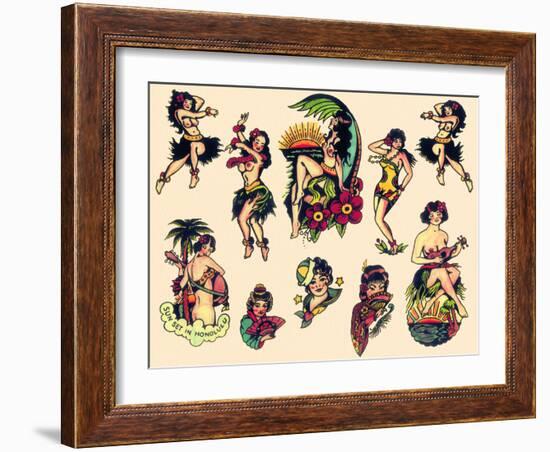 "Hawaiian Ladies" Vintage Sailor Tatooo Flash-Piddix-Framed Art Print