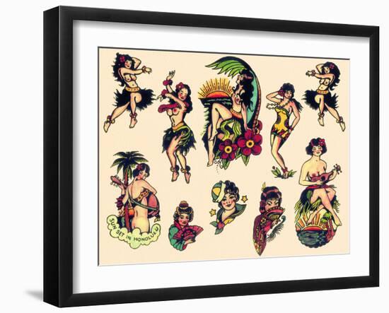 "Hawaiian Ladies" Vintage Sailor Tatooo Flash-Piddix-Framed Art Print