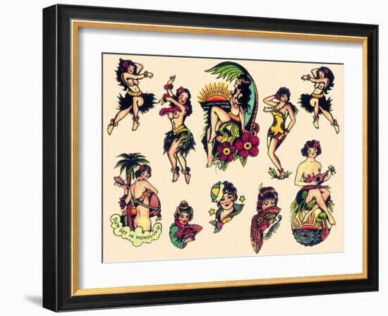 "Hawaiian Ladies" Vintage Sailor Tatooo Flash-Piddix-Framed Art Print