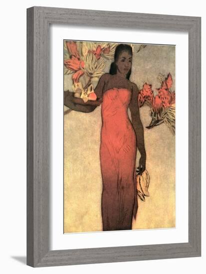 Hawaiian Woman with Fruit and Flowers-null-Framed Art Print