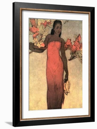 Hawaiian Woman with Fruit and Flowers-null-Framed Art Print