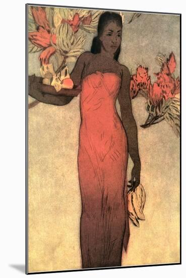 Hawaiian Woman with Fruit and Flowers-null-Mounted Art Print