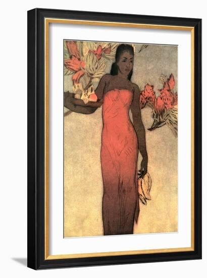 Hawaiian Woman with Fruit and Flowers-null-Framed Art Print