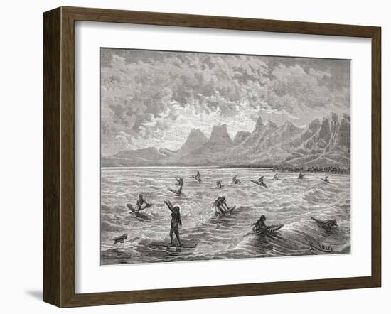 Hawaiians Surfing, Illustration from 'The World in the Hands', Engraved by Charles Barbant…-Édouard Riou-Framed Giclee Print