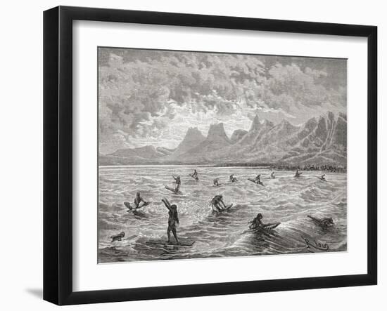 Hawaiians Surfing, Illustration from 'The World in the Hands', Engraved by Charles Barbant…-Édouard Riou-Framed Giclee Print