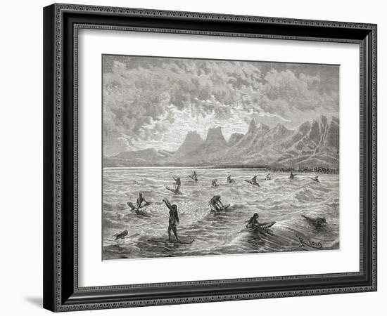 Hawaiians Surfing, Illustration from 'The World in the Hands', Engraved by Charles Barbant…-Édouard Riou-Framed Giclee Print