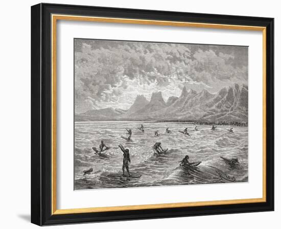 Hawaiians Surfing, Illustration from 'The World in the Hands', Engraved by Charles Barbant…-Édouard Riou-Framed Giclee Print