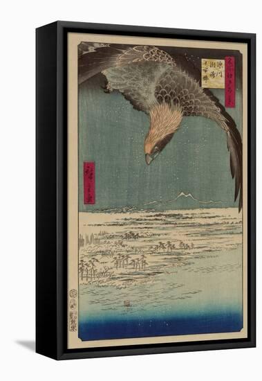 Hawk Flying Above a Snowy Landscape Along the Coastline.-Ando Hiroshige-Framed Stretched Canvas