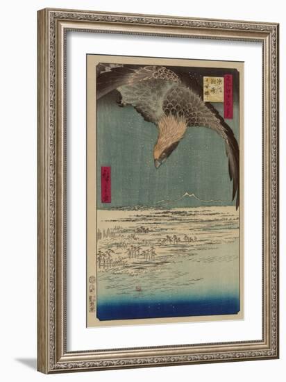 Hawk Flying Above a Snowy Landscape Along the Coastline.-Ando Hiroshige-Framed Art Print